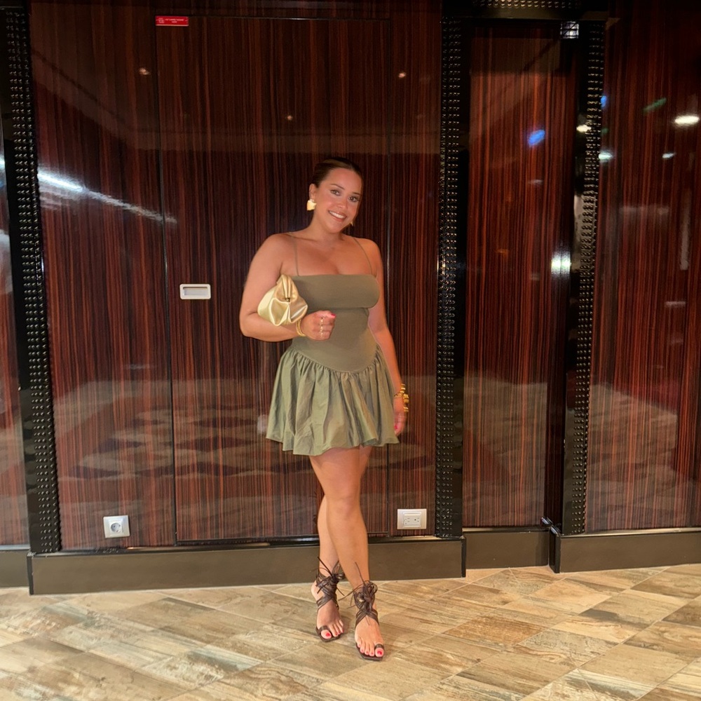 Olive Green Strapless Dress with Gold Clutch